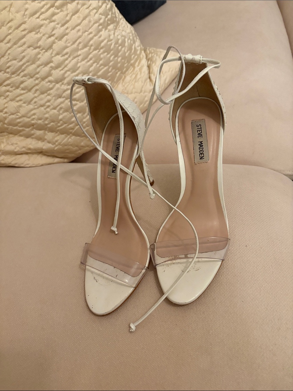 Steve Madden White Lace-Up Heels with Clear Toe Strap